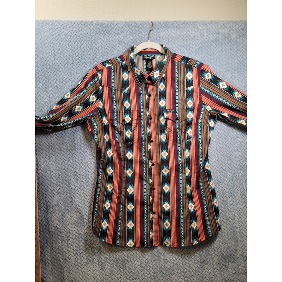 Wrangler Retro Womens Shirt Large Aztec Western Pearl Snap Rodeo Cowgirl - Picture 2 of 13